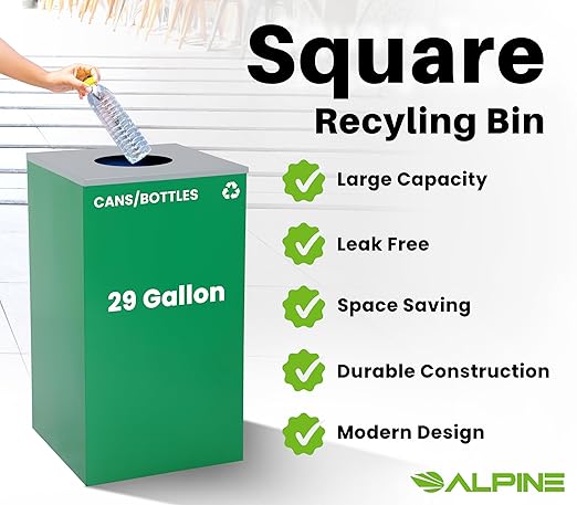 Alpine Commercial Indoor Recycle Bin - 29 Gallon Modern Looking Green Recycle Bin, Office Recycling Bins, Metal Trash and Recycling Container with Stickers & 3 Optional Lids (lid Sold Separately)-DeskLoop Office