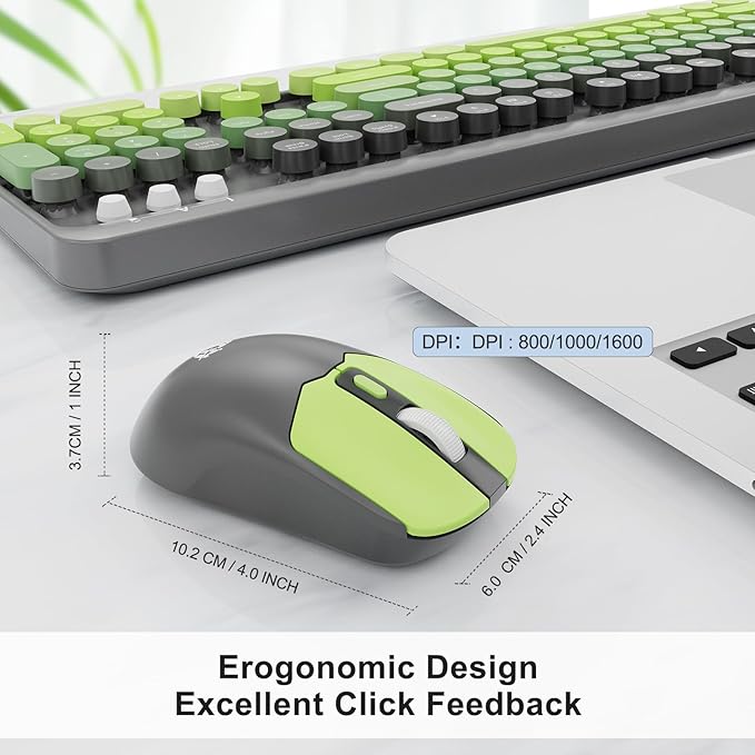 FOPETT Wireless Keyboard and Mouse Combo, 104 Keys Full-Sized 2.4 GHz Round Keycap Colorful Keyboards, USB Receiver Plug and Play, for Windows, Mac, PC, Laptop, Desktop (GreyGreen)-DeskLoop Office