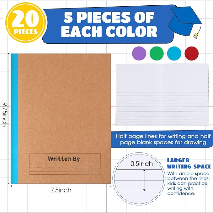 Henoyso 20 Pcs Primary Composition Notebook 9 3/4 x 7 1/2 Inch Kids Journal, Back to School Supplies, K-2 Primary Writing Notebook for Kids Student Draw and Write Story Journal (Fresh Color)-DeskLoop Office