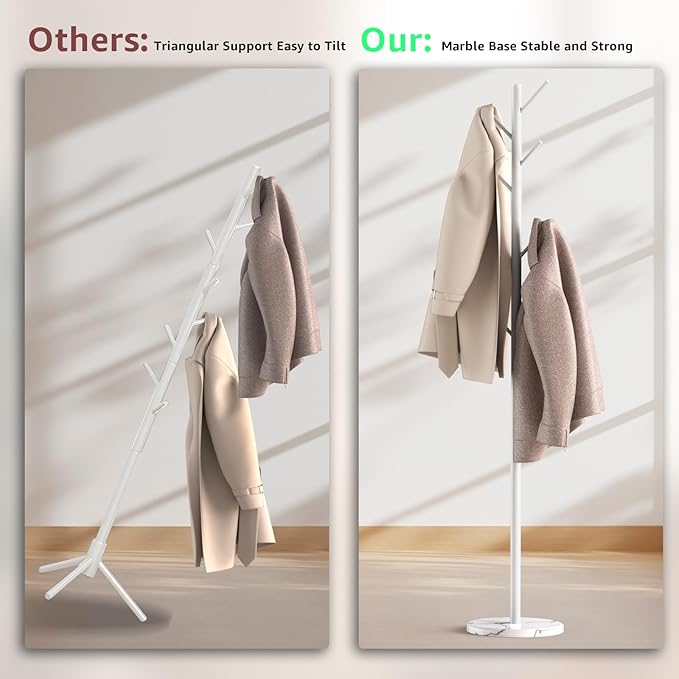 Coat Rack with Natural Marble Base, Metal Freestanding Coat Rack with 8 Hooks, 3 Adjustable Size Sturdy Coat Tree for Bags, Coats, and Hats for Entryway, Hallway, Bedroom, Office, White-DeskLoop Office