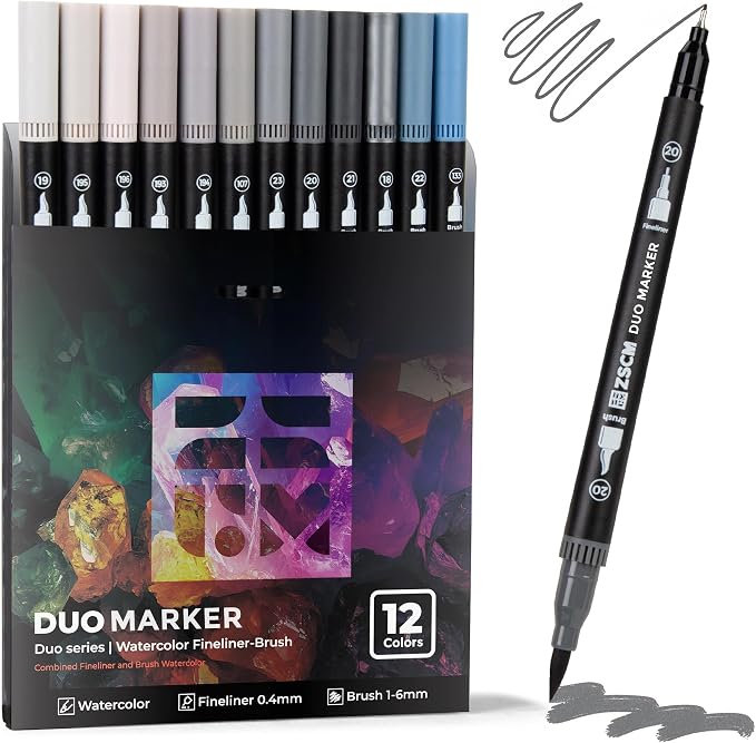 ZSCM Gray Duo Tip Marker Pens, 12 Pack Fine & Brush Markers by ZSCM