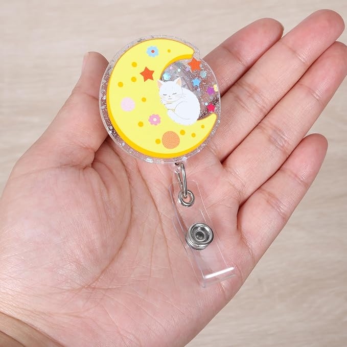Funny Crescent Sleeping Cat Moon Nurse Badge Reel, Cute Retractable ID Badge - Image 2