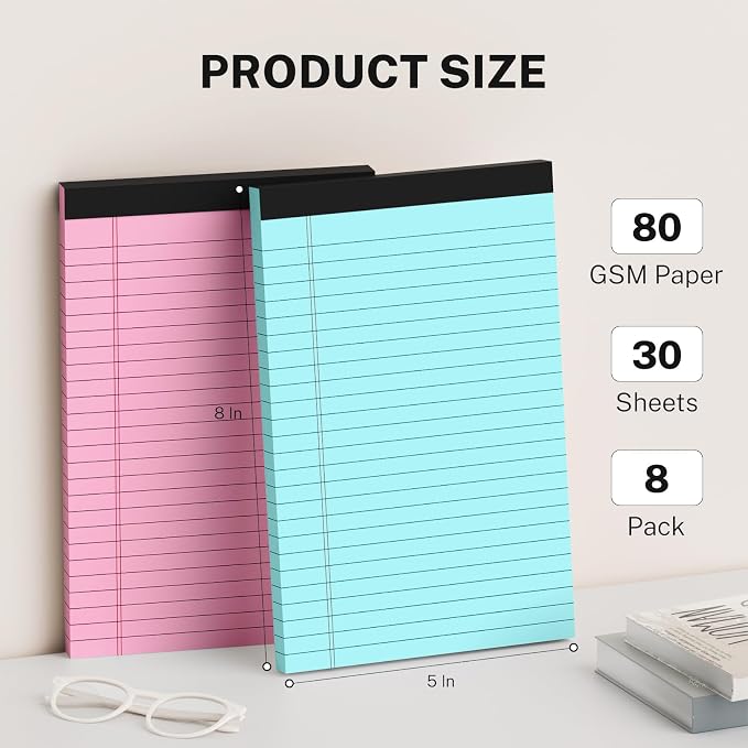 8 Pack Note Pads 5 x 8 Inch, Colored Narrow Ruled Small Legal Pads, Perforated - Image 2