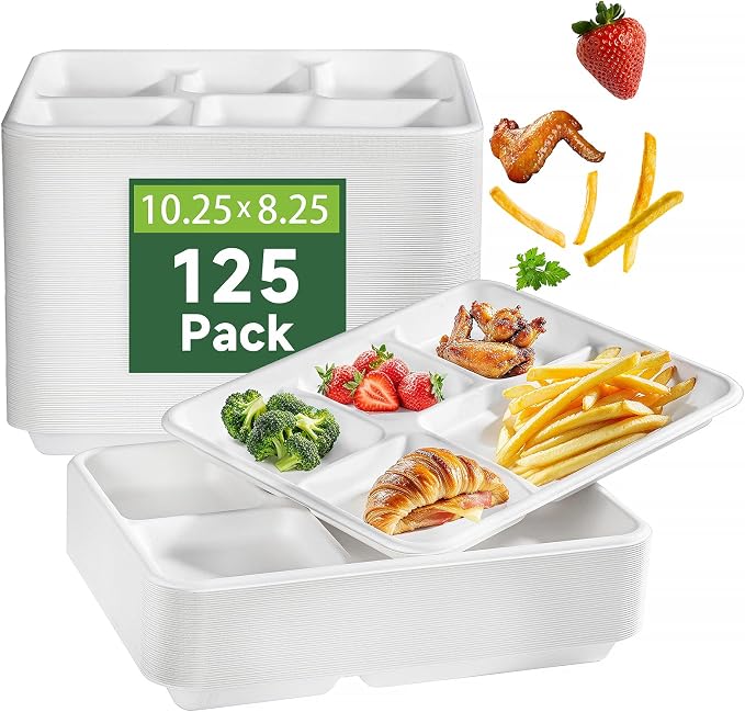 WELLIFE 125 Pack Kids Small 5-Compartment Paper Plates, 10.25x8.25 Inch 100% by WELLIFE