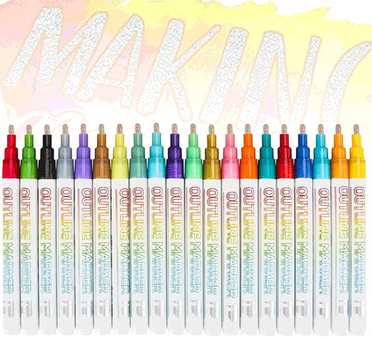 20pcs Outline Marker, Marker Pen for Highlight, Dual-Line Highlighter Outline Marker Set, Metallic Paint Markers for Black Paper Pens Glitter Markers Scrapbook Supplies