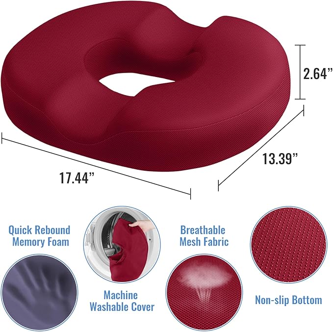 CloudBliss Donut Pillow Seat Cushion Chair Pad for Tailbone Pain Relief and Hemorrhoids, Memory Foam Seat Chair Cushion for Men and Women for Home & Office, (Red)-DeskLoop Office