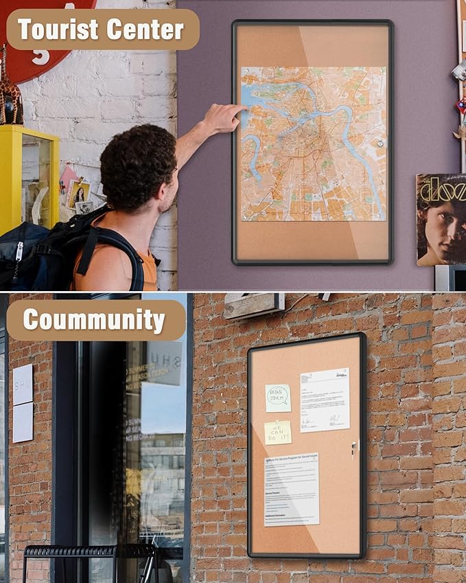 36"x24" Enclosed Bulletin Board, Lockable Weather-Resistant Aluminum Cork Noticeboard for School & Office, Black Frame w/Cork-DeskLoop Office