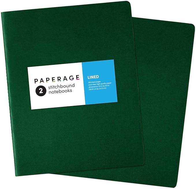 PAPERAGE Soft Cover Lined Journal Notebook, 2 Pack, (Dark Green), 100 Pages, Large 7.5 inches x 9.5 inches, College Ruled, Ideal for Note Taking & Travel Journal-DeskLoop Office