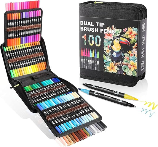 Double Brush Marker Pens, 100 Colors Art Markers Set with Fine Tip and Brush Tip for Kids Adult Coloring Book Hand Lettering Calligraphy Drawing Art Supplies Kit-DeskLoop Office