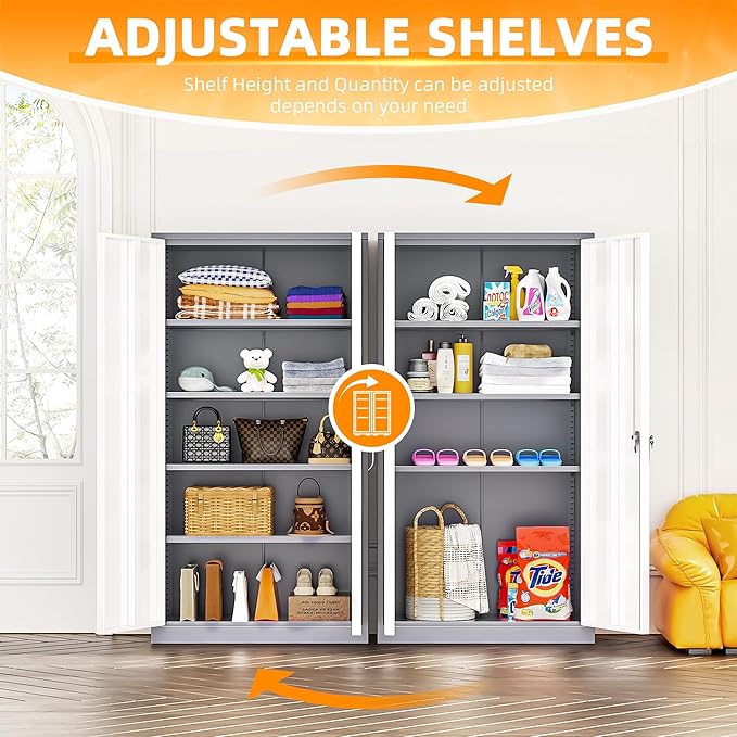 INTERGREAT Garage Storage Cabinets with Doors and Shelves,72" Grey White Steel Tool Locking Cabinet, Metal Storage Cabinet for Home Office, Warehouse, School-DeskLoop Office