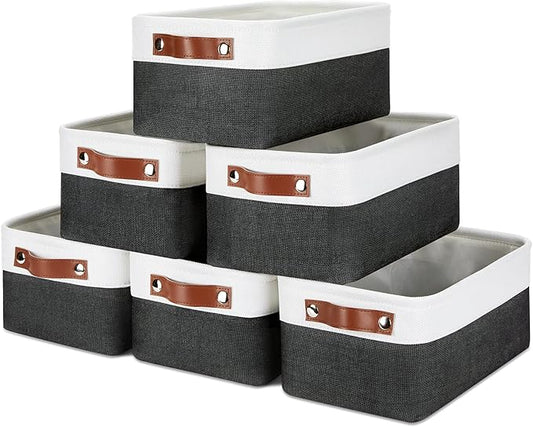 DULLEMELO Small Storage Baskets 6 Pack, Fabric Collapsible Gift Storage Baskets for Shelves, Closets, Nursery, Home, Office Organizing,Small Canvas Linen Rectangular Storage Bins (White&Black)-DeskLoop Office