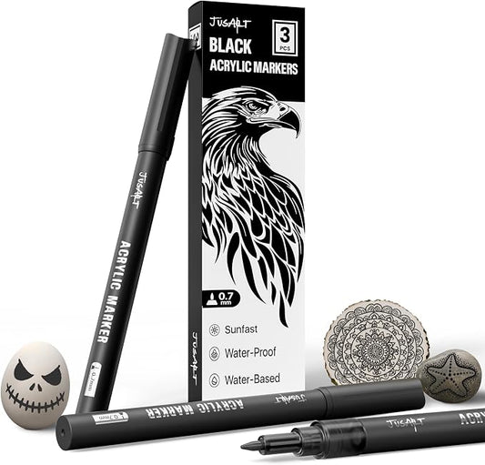 JusArt 3 Pack Black Acrylic Paint Marker, 0.7mm Fine Point Black Acrylic Markers by JusArt%7CCreativeArtSupplies