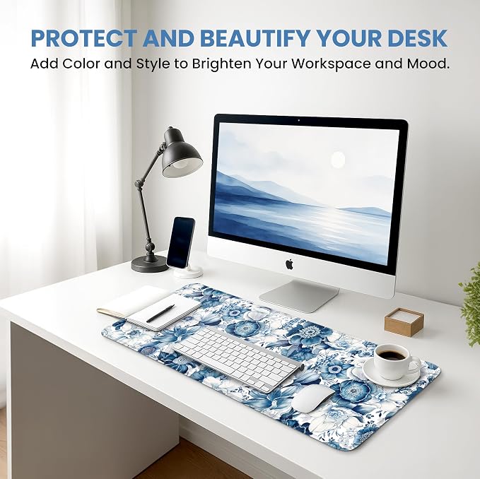 Aesthetic Desk Mat, Cute Blue Floral Desk Pad Protector - Image 6