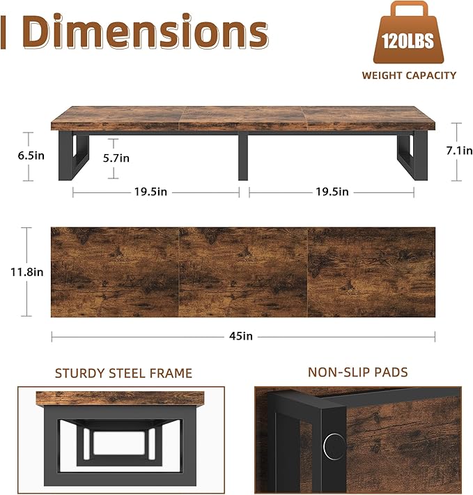 45" Large TV Riser for 32-60 inch TV, TV Riser Stand Shelf with Steel Legs,Tabletop TV Stand Riser for Home Office,Rustic Brown-DeskLoop Office