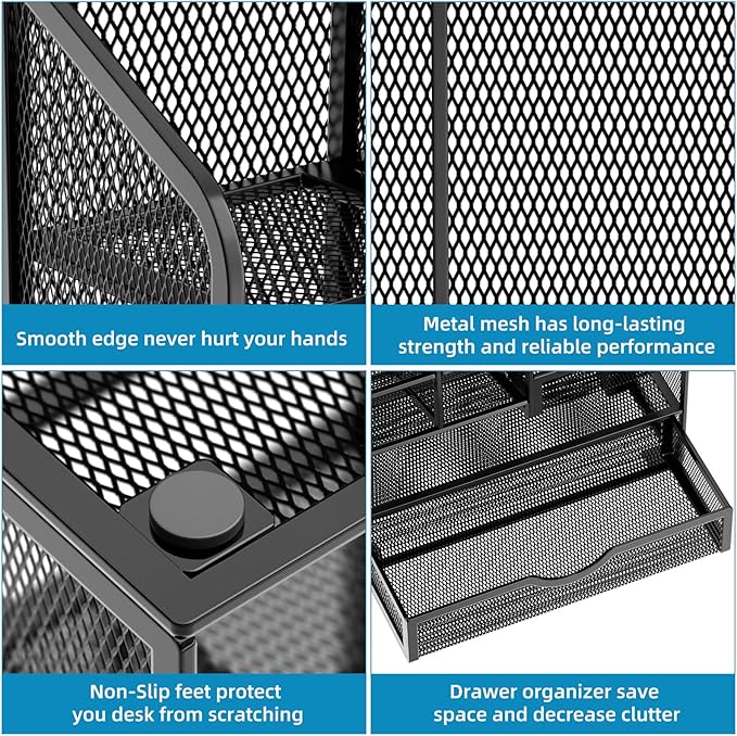 Marbrasse Mesh Pen Holder for Desk, Multi-Functional Pencil Organizer with Drawer, Desk Organizers and Accessories for Office Art Supplies (Black)-DeskLoop Office