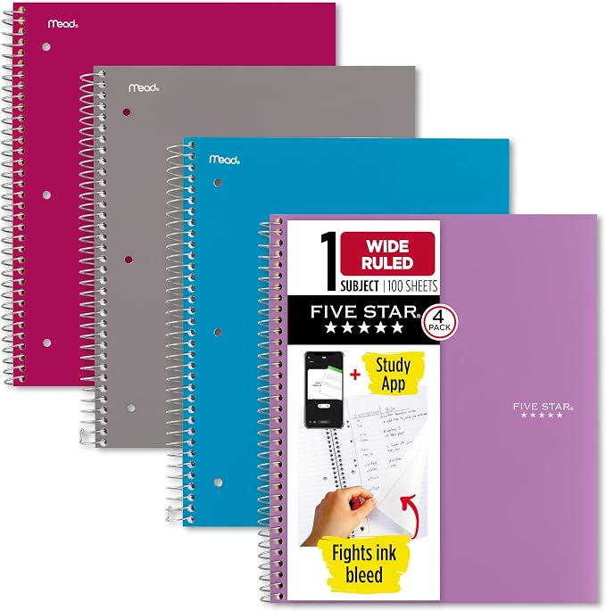 Five Star Spiral Notebook + Study App, 4 Pack, 1 Subject, Wide Ruled Paper by FiveStar