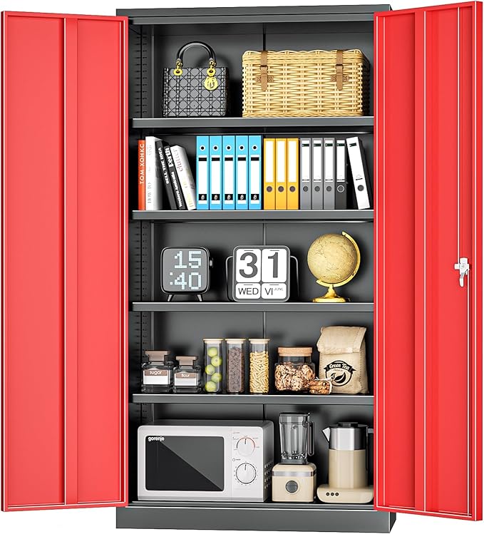 INTERGREAT Garage Storage Cabinet with Lockable Door, 72" H Metal Locking Cabinets with 4 Adjustable Shelves,Black Red Steel Cabinets Storage for Home Office, Warehouse，School-DeskLoop Office