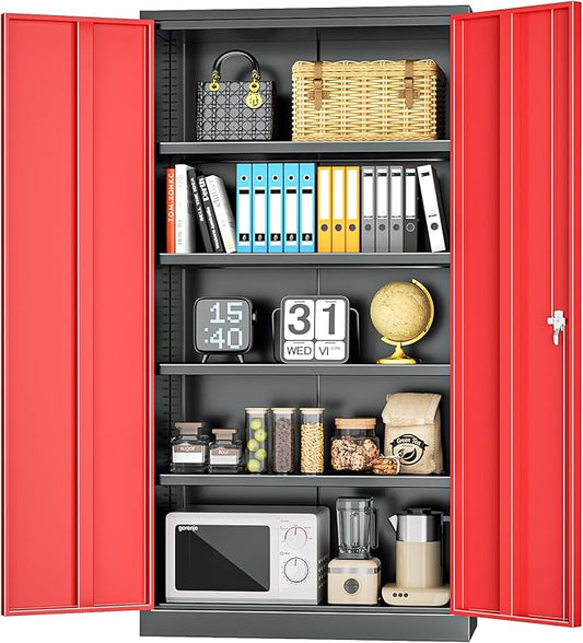 INTERGREAT Garage Storage Cabinet with Lockable Door, 72" H Metal Locking Cabinets with 4 Adjustable Shelves,Black Red Steel Cabinets Storage for Home Office, Warehouse，School-DeskLoop Office