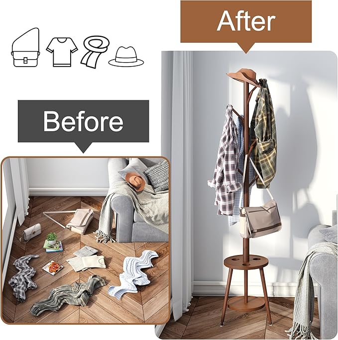 FILWH Freestanding Coat Rack with Umbrella Organizer Tray Bamboo Coat Tree Rack with 8 Hook Stand for Clothes Bag Hats Entryway Hanger Stand(Brown)-DeskLoop Office