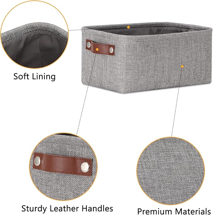 DULLEMELO Small Storage Baskets 11.8"x7.9"x5.1", Fabric Storage Bins for Shelves,Closets,Nursery,Home,Office [3 Pack], Collapsible Storage Baskets with Leather Handles (Gray)-DeskLoop Office