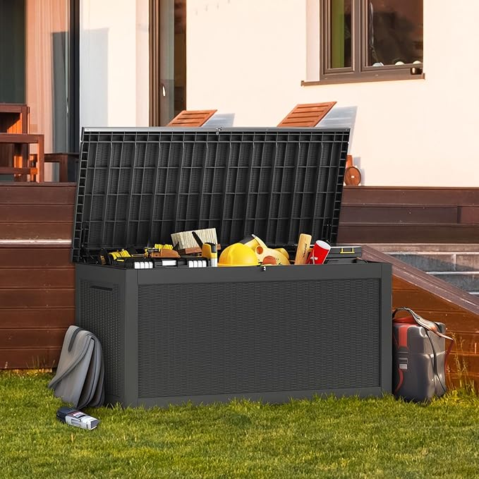 320 Gallon Resin Deck Box, Waterproof Outdoor Storage Bin for Patio Furniture, Pool Accessories, and Garden Tools, Lockable & UV-Resistant, Black-DeskLoop Office