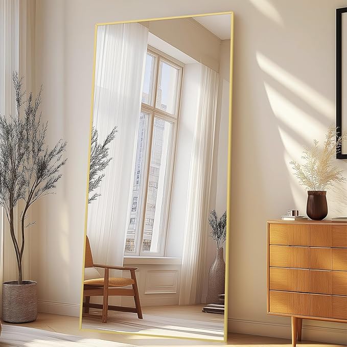 Full Length Mirror with Stand 76"x34" Extra Large Gold Floor Mirror, Rectangle Standing Mirror for Living Room Bedroom Cloakroom Gym, Thin Aluminum Frame, Tempered Glass-DeskLoop Office