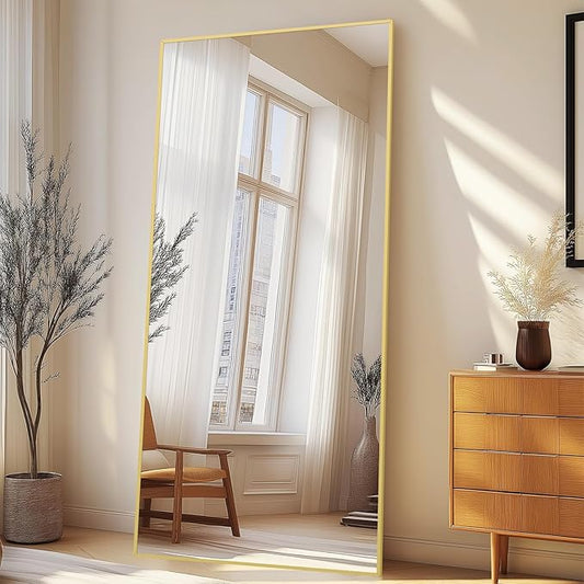 Full Length Mirror with Stand 76"x34" Extra Large Gold Floor Mirror, Rectangle Standing Mirror for Living Room Bedroom Cloakroom Gym, Thin Aluminum Frame, Tempered Glass-DeskLoop Office