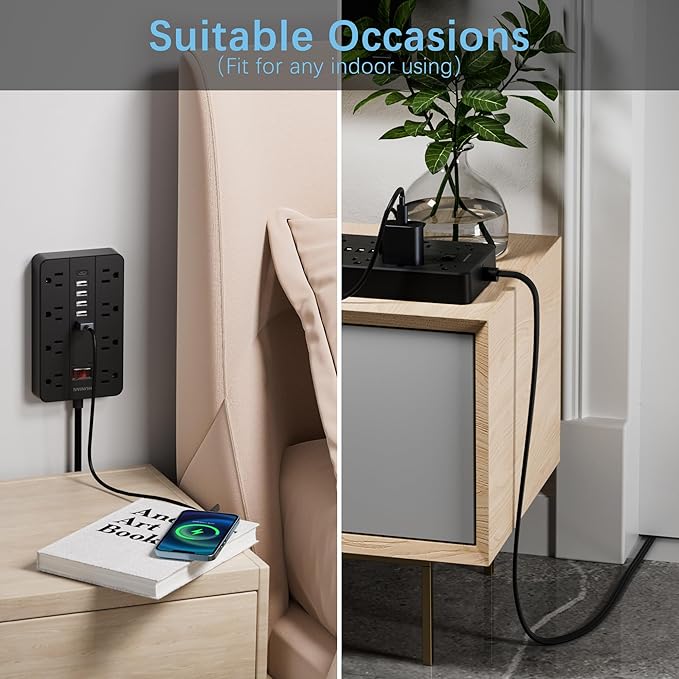 15 Ft Long Extension Cord Power Strip Surge Protector, HUNIAN Flat Plug with 8 Widely Spaced Outlets 6 USB, Wall Mount Charging Station for Home and Office, Black-DeskLoop Office