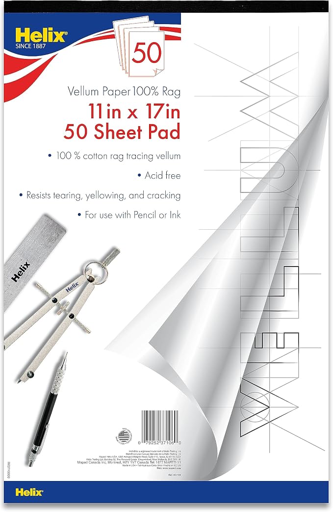 Helix - 100% Rag Vellum Paper Pad - 11 Inch x 17 Inch - 50 Sheet Pad - by MapedHelixUSA