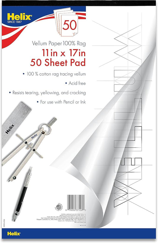 Helix - 100% Rag Vellum Paper Pad - 11 Inch x 17 Inch - 50 Sheet Pad - by MapedHelixUSA