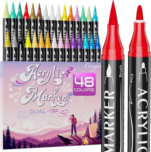 48 Colors Dual Tip Acrylic Paint Markers, Fine Tip and Brush Tip Permanent by CoogertPaintPens