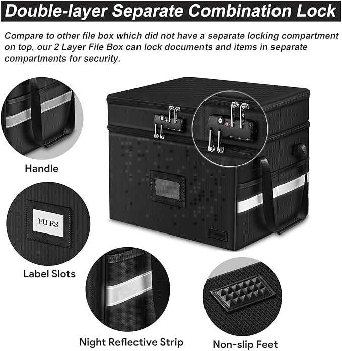 Fireproof File Organizer with Lock, 2 Layer Fireproof Document Box with 5 Tab - Image 7