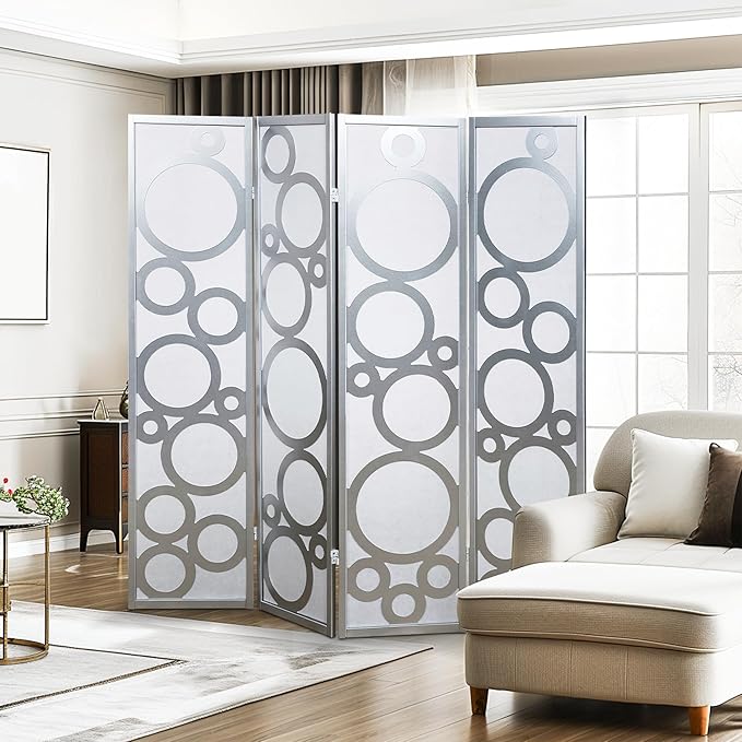 NicBex Room Divider 4 Panel Room Dividers with Circle Pattern Partition Room Dividers and Folding Privacy Screens Wall Divider for Home, Office, Room Separation,70" W x 1" D x 70" H, White+Silver-DeskLoop Office