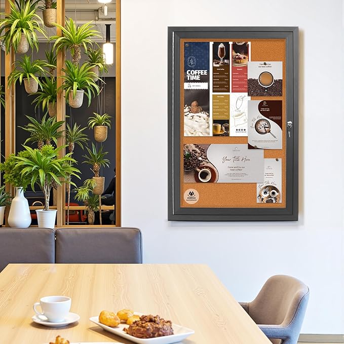 36x24 Inch Outdoor Enclosed Bulletin Board with Locking Door - Weatherproof & Tamperproof Cork Notice Board - Black Aluminum Frame-DeskLoop Office