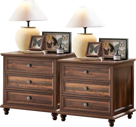 24" Wide Farmhouse Night Stand Set of 2,Large End Table with 3 Drawers & Metal Handle,Brown Wood Dresser for Bedroom Cabinet, Bed Side Table Chest of Drawers,Nightstand for Living Room,Closet-DeskLoop Office