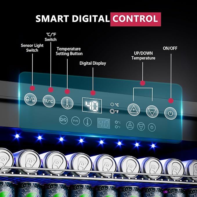 24 Inch Beverage Refrigerator, Beverage Cooler 180 Can Built-in Design, Under Counter Beer Fridge with Glass Door for Soda, Wine, Water - For Kitchen, Office or Bar-DeskLoop Office
