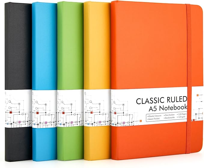 feela Journal Notebook Bulk for School, Hardcover Business Classic Ruled Lined Journals with Pen Holder for Work Office Journaling, with 5 Black Pens, 120 GSM, 5.1”x8.3”, 5 Pack, A5, Solid Colors-DeskLoop Office