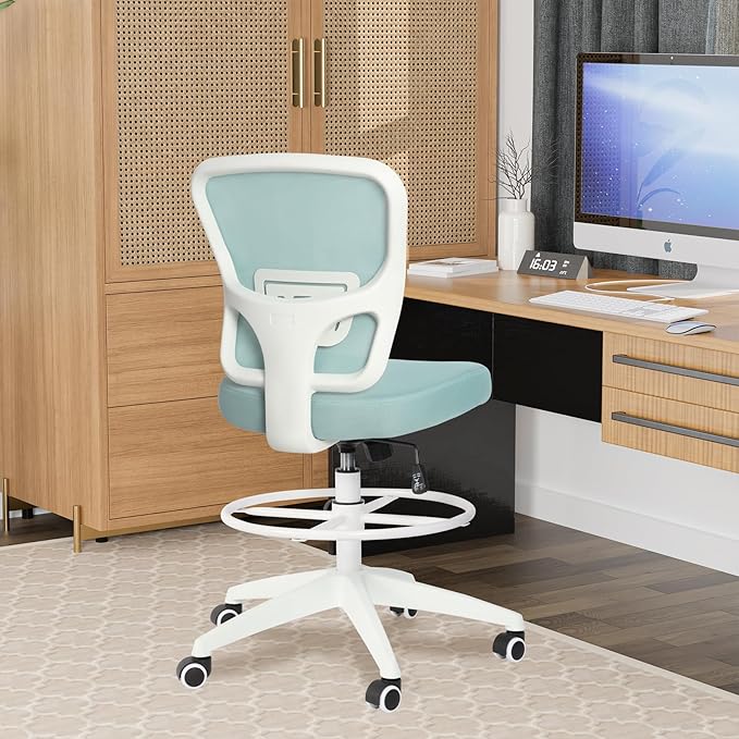 Drafting Chair Adjustable Height Tall Office Chairs Standing Desk Chair Rolling Stool Chair Armless Office Drafting Chair Blue-DeskLoop Office