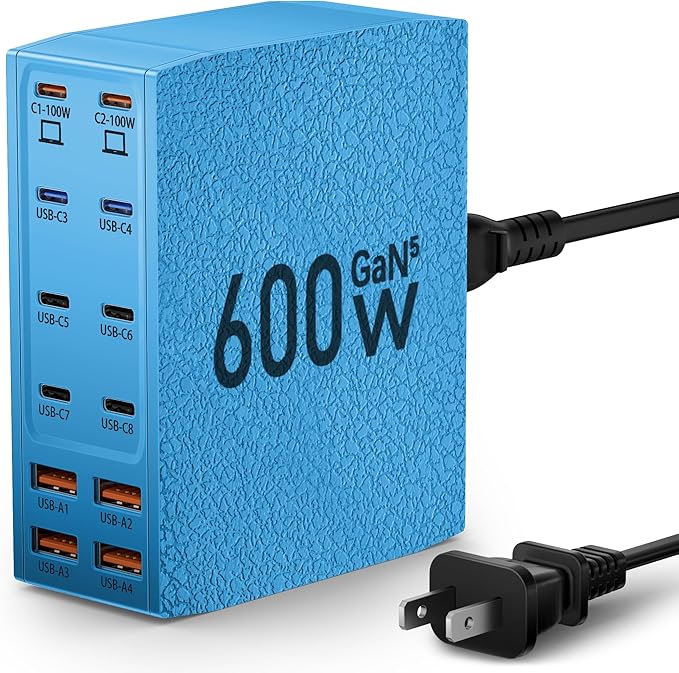 Charging Station (600W),12-Port USB C Charger Block with Dual 100W PD USB-C Fast Charging Station Hub for MacBook Pro/Air/All iPad iPhone 17/16 15/14/13/Pro Max/Samsung Galaxy Note(Blue)-DeskLoop Office