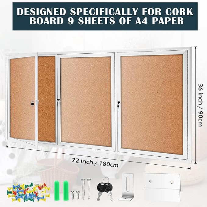 72" x 36" Enclosed Bulletin Board Outdoor 3 Door Weatherproof Tamper-Proof Enclosed Cork Board with Lock Aluminum Frame Display Case for Back to School, Office Commercial, 18xA4(Wood Color)-DeskLoop Office