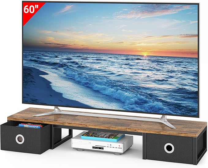 45" Large TV Riser with Fabric Drawers for 32-60 inch TV, TV Stand Riser with Steel Legs, Tabletop TV Riser Shelf, Monitor Stand Riser for Home Office, Rustic Brown-DeskLoop Office