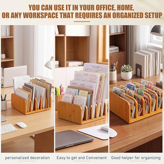 Lineshading Bamboo Letter Organizer, 5 Compartments Desk Mail Organizer - Image 6