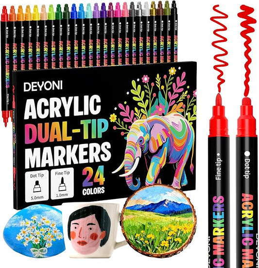 24 Colors Acrylic Paint Markers, Dual Tip Acrylic Paint Pens Markers by DEYONI