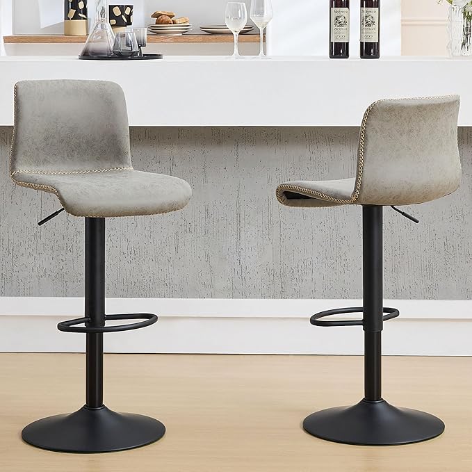 HeuGah Swivel Bar Stools Set of 2, Adjustable Counter Height Barstools with Back, Gray Faux Leather Bar Chairs for Kitchen Island (Gray, Set of 2 (24'' to 32''))-DeskLoop Office