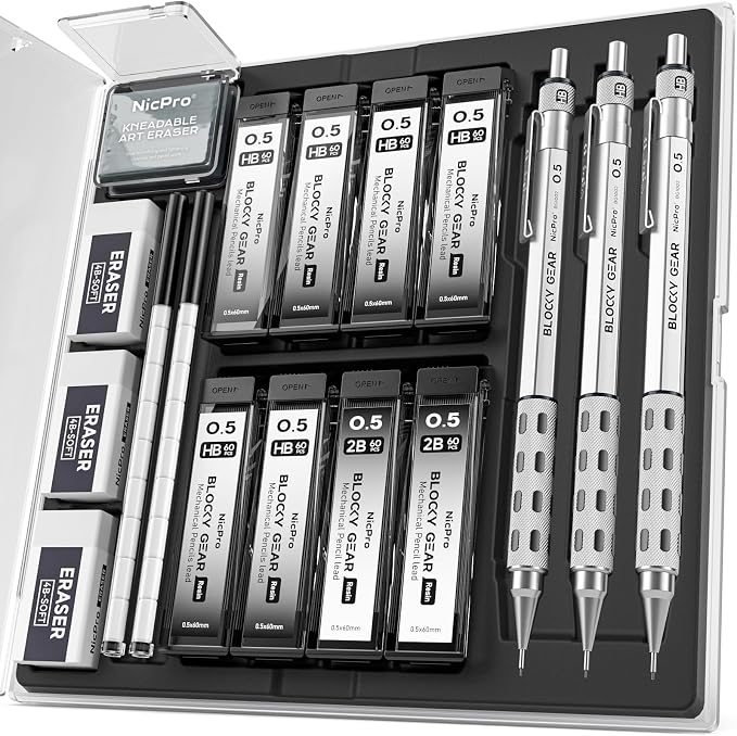 Nicpro 3 Pack Blocky Gear 0.5 mm Metal Mechanical Pencils Set by Nicpro