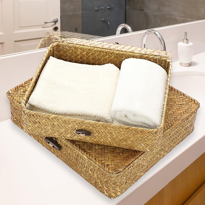 Hipiwe Set of 2 Flat Woven Wicker Storage Bins - Image 4