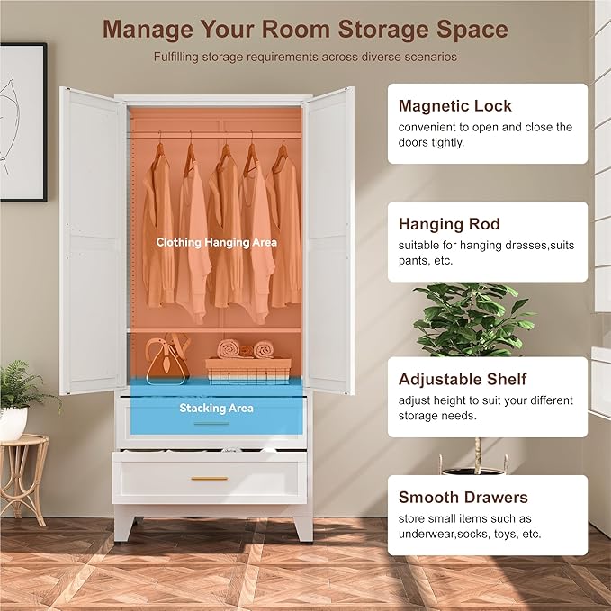 Farmhouse Wardrobe Cabinet with 2 Drawers,Metal Wardrobe Closet with Hanging Rod,Metal Armoire with Adjustable Shelves for Bedroom,Living Room, Cloak Room,Office (White)-DeskLoop Office