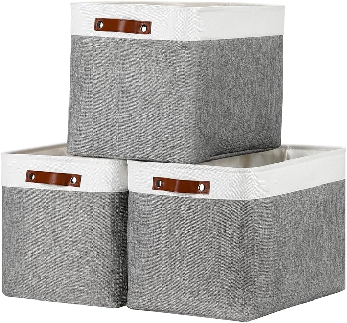 DULLEMELO Large Storage Baskets, Fabric Storage Basket with Leather Handles for Shelves Closet Nursery Toy Storage, Collapsible Fabric Baskets for Toy Book Magazine Towel Organizers(White&Gray)-DeskLoop Office