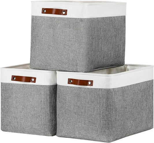 DULLEMELO Large Storage Baskets, Fabric Storage Basket with Leather Handles for Shelves Closet Nursery Toy Storage, Collapsible Fabric Baskets for Toy Book Magazine Towel Organizers(White&Gray)-DeskLoop Office