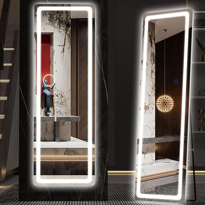 Hasipu Full Length Mirror with Lights, 56" x 16" LED Floor Mirror, Full Body Dressing Standing, Hanging Mounted Mirror for Living Room Bedroom Cloakroom, Round White-DeskLoop Office